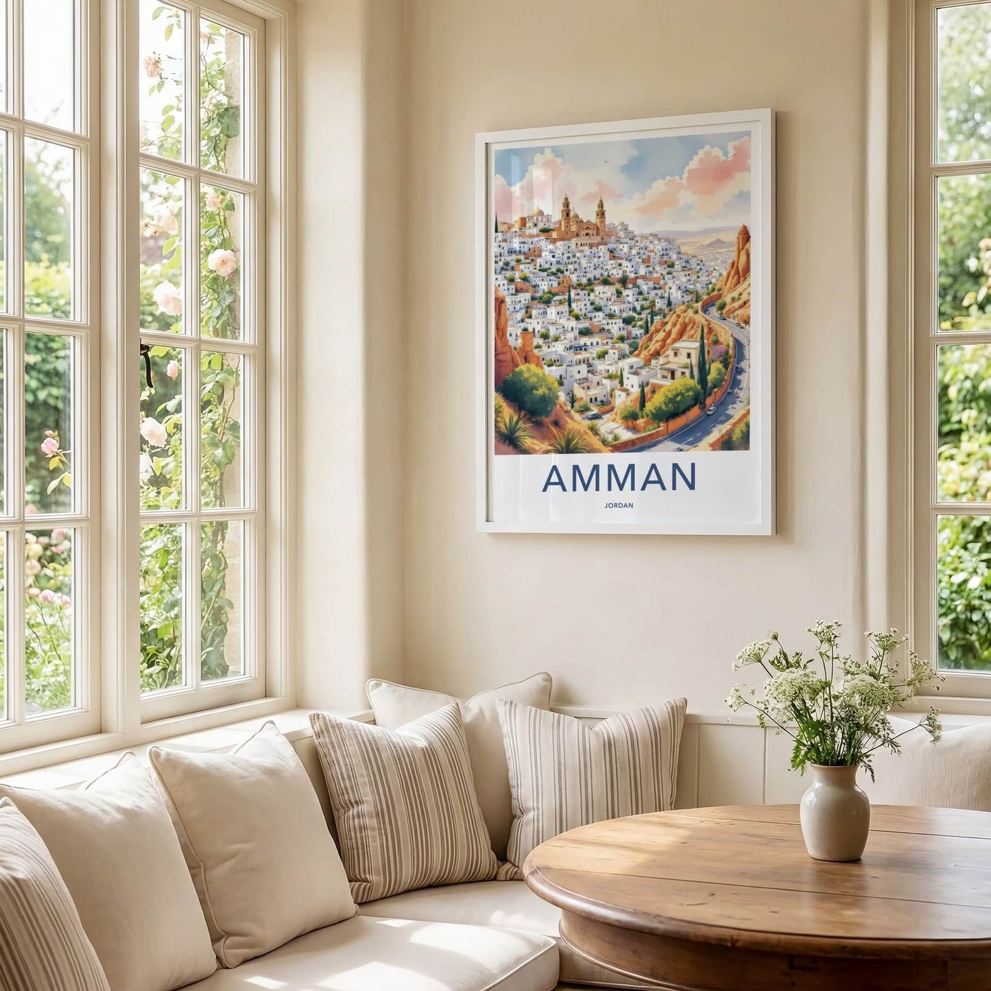Amman Poster - Jordan Travel Art - White Buildings Hill Home Decor