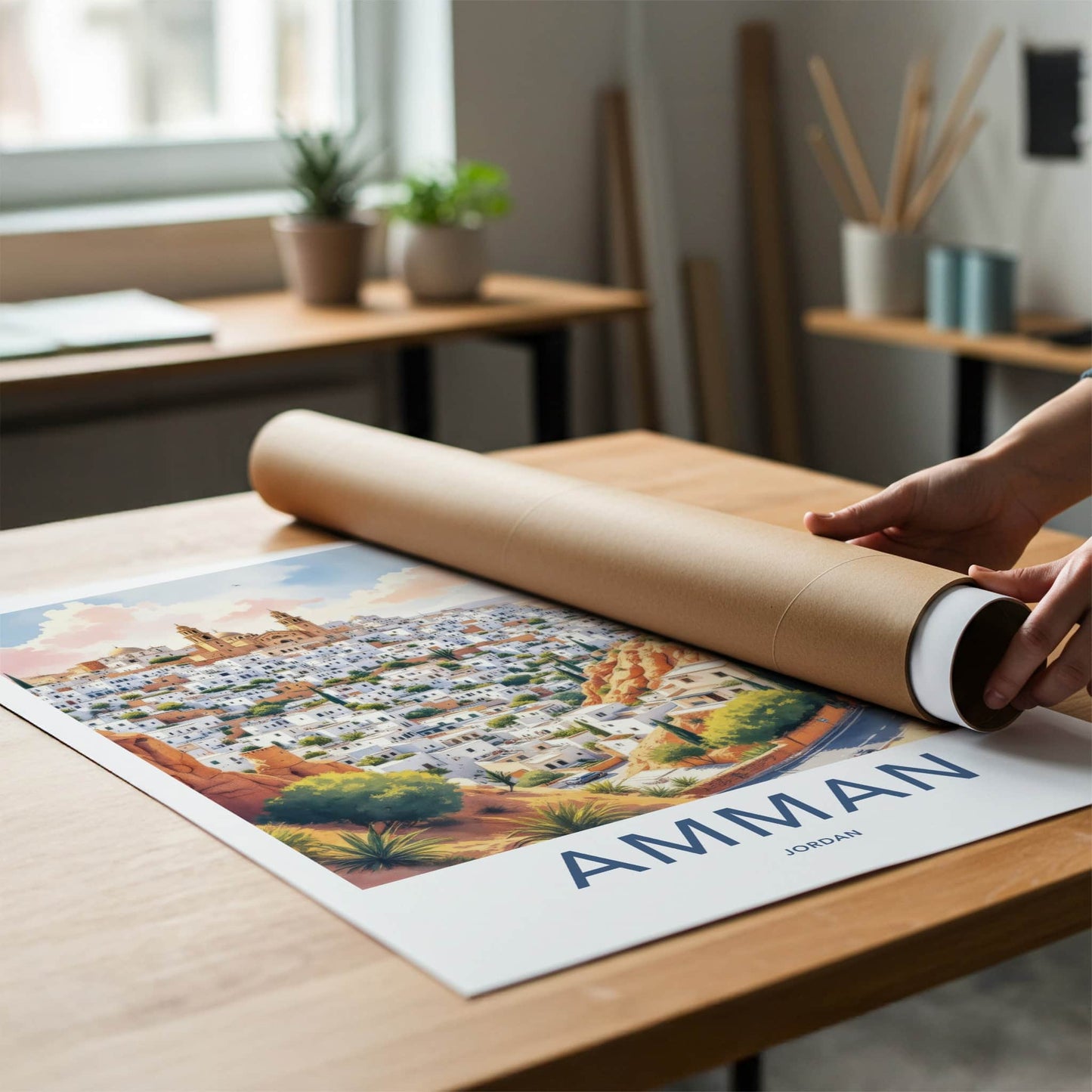 Amman Poster - Jordan Travel Art - White Buildings Hill Home Decor