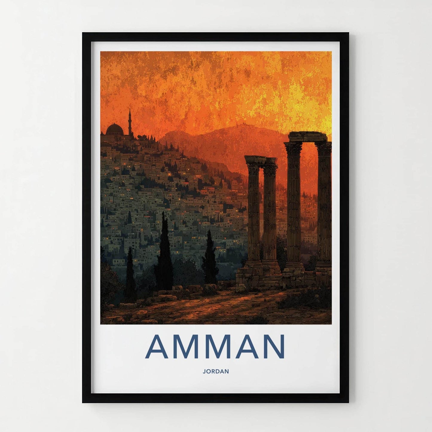 Amman Poster - Jordan Travel Illustration - Sunset City Ruins Home Decor