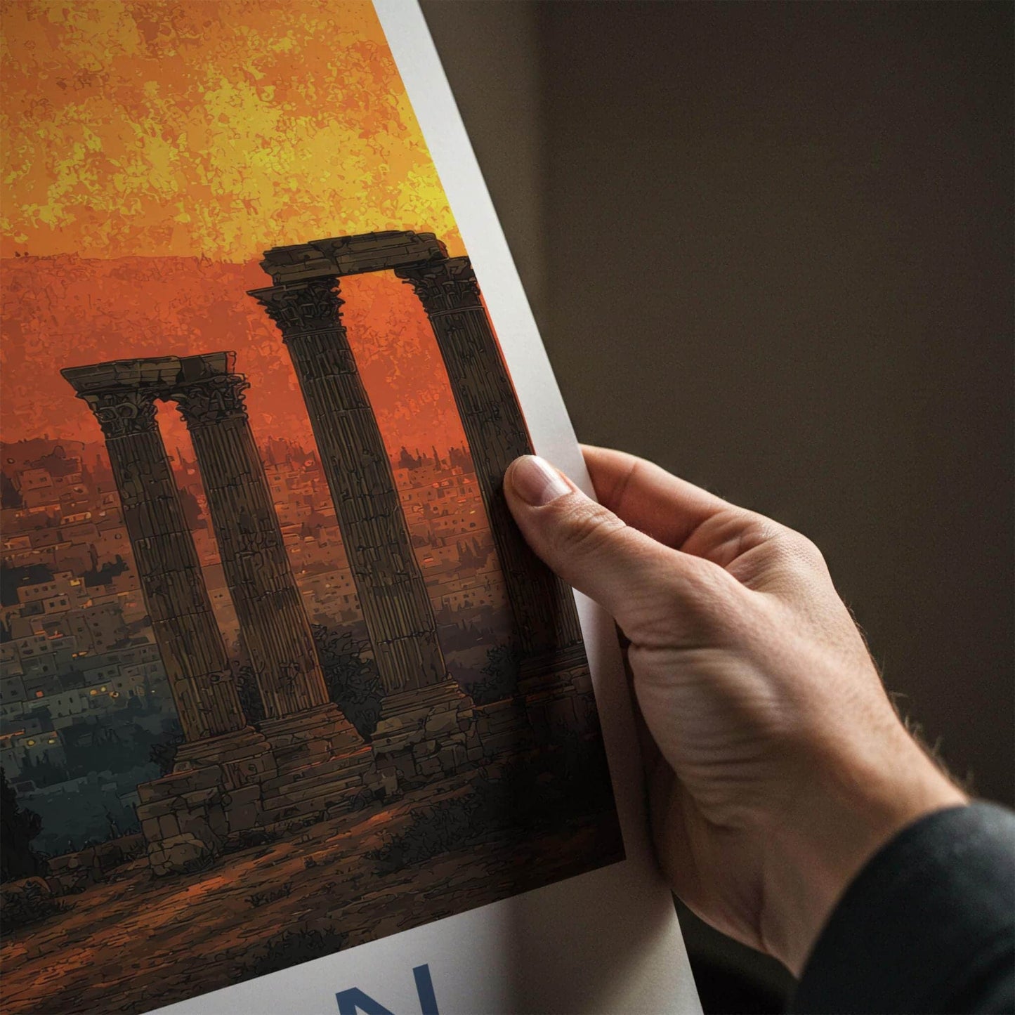 Amman Poster - Jordan Travel Illustration - Sunset City Ruins Home Decor