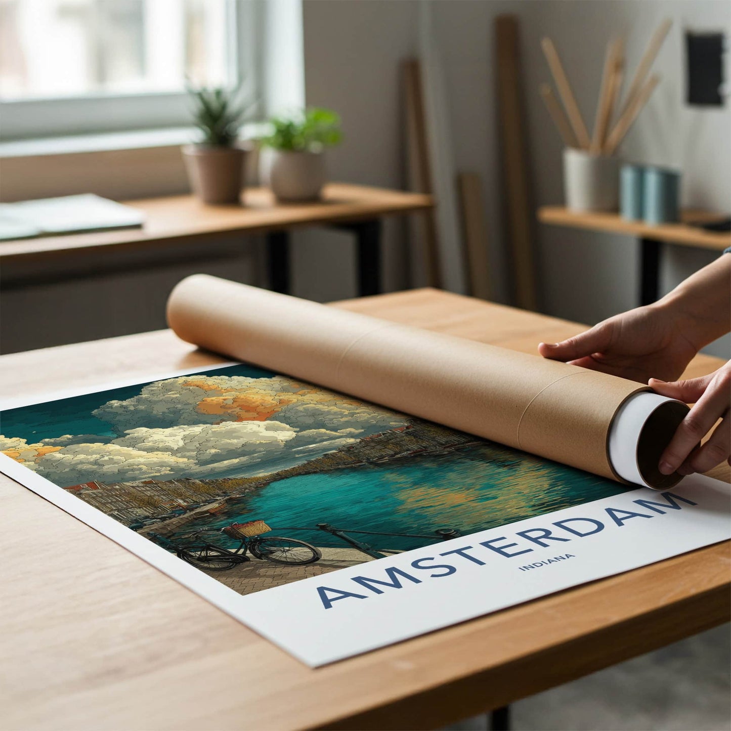 Amsterdam Poster - Indiana Travel Art - Dramatic Clouds Canal Wall Decor