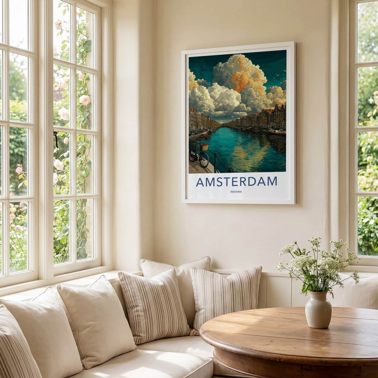 Amsterdam Poster - Indiana Travel Art - Dramatic Clouds Canal Wall Decor