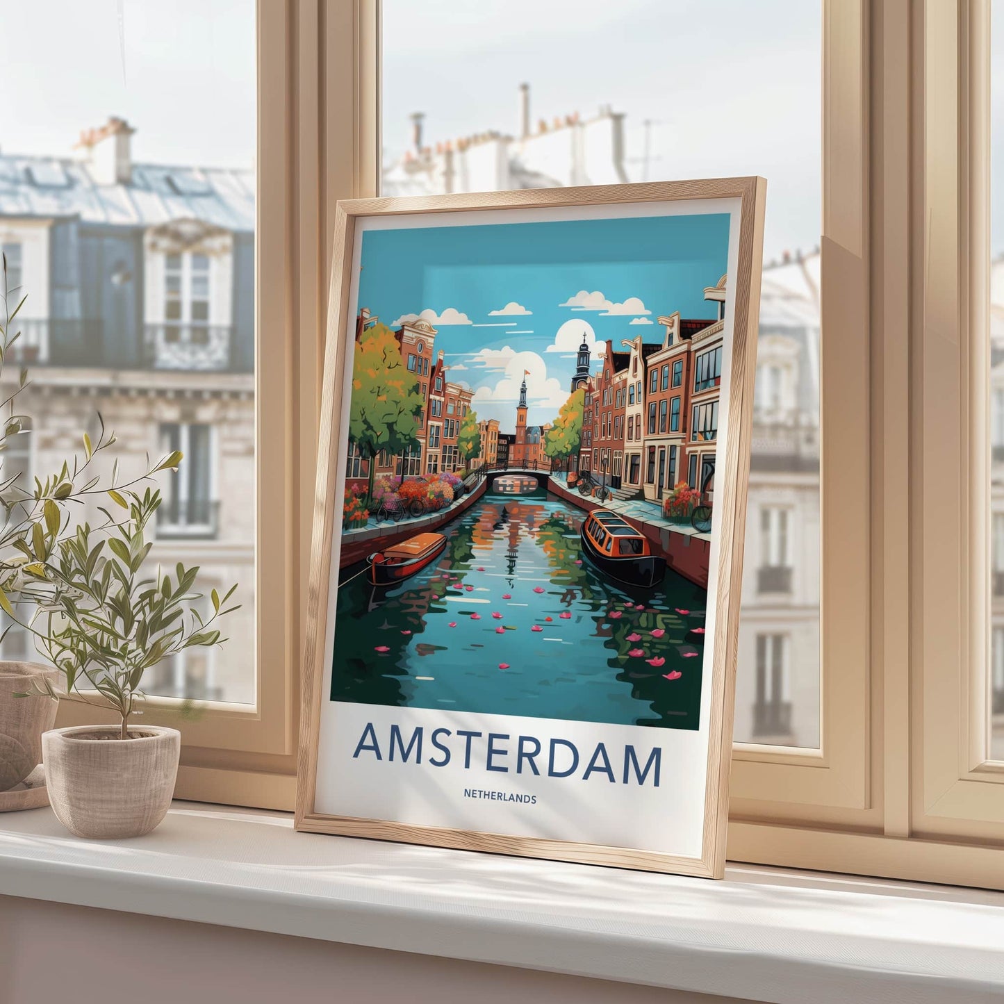 Amsterdam Poster - Netherlands Travel Art - Historic Canal Scene Home Decor