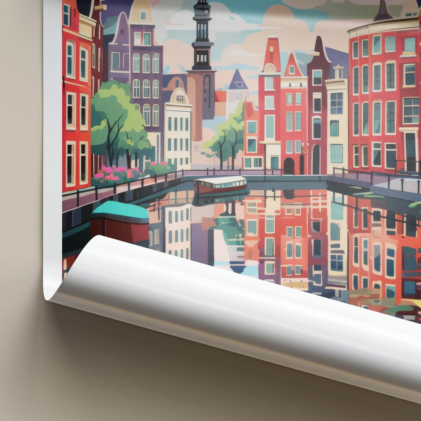 Amsterdam Poster - Netherlands Travel Art - Reflected Canal Scene Home Decor