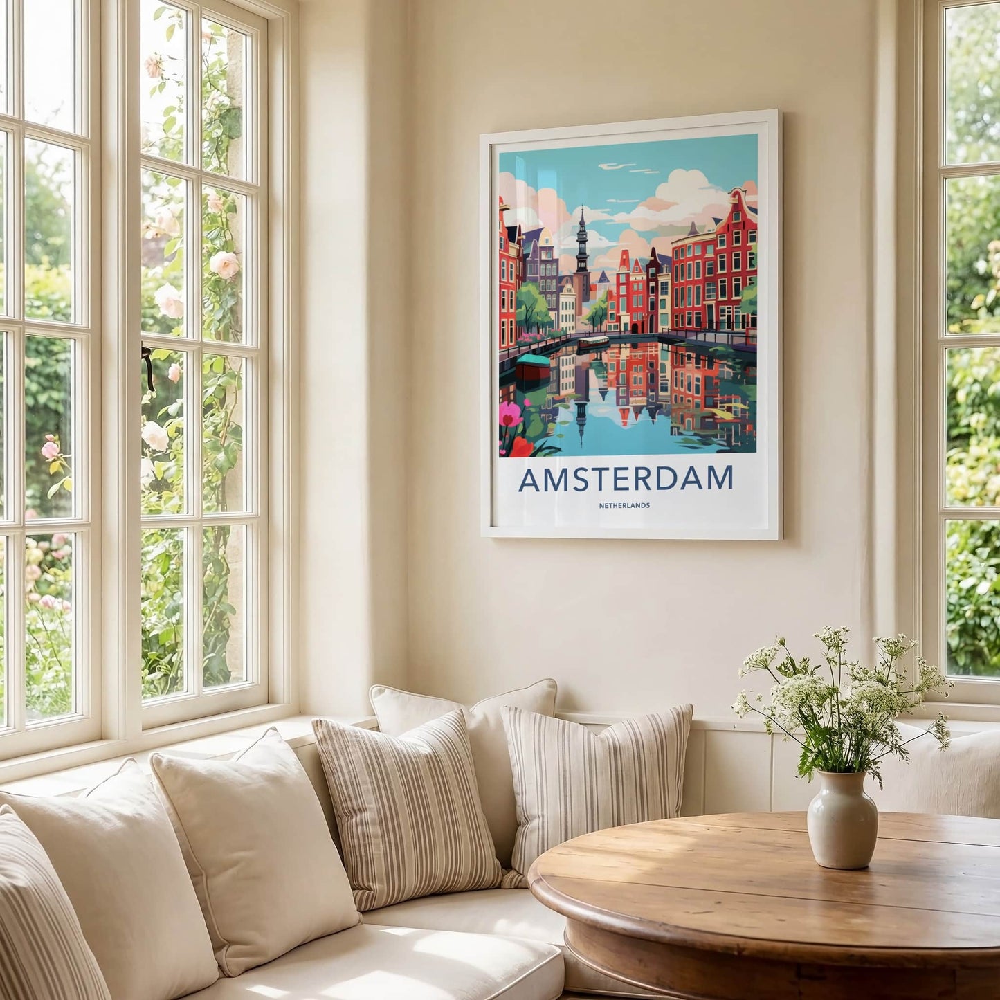 Amsterdam Poster - Netherlands Travel Art - Reflected Canal Scene Home Decor