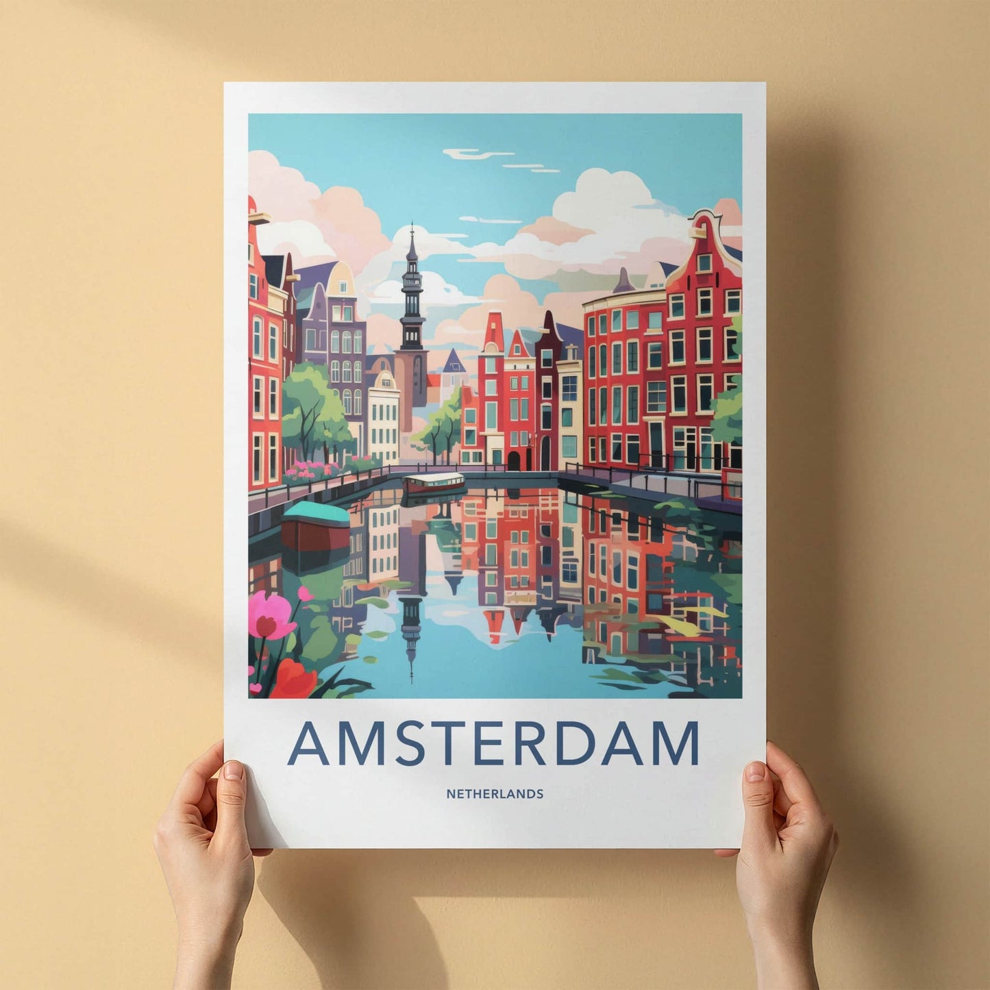 Amsterdam Poster - Netherlands Travel Art - Reflected Canal Scene Home Decor
