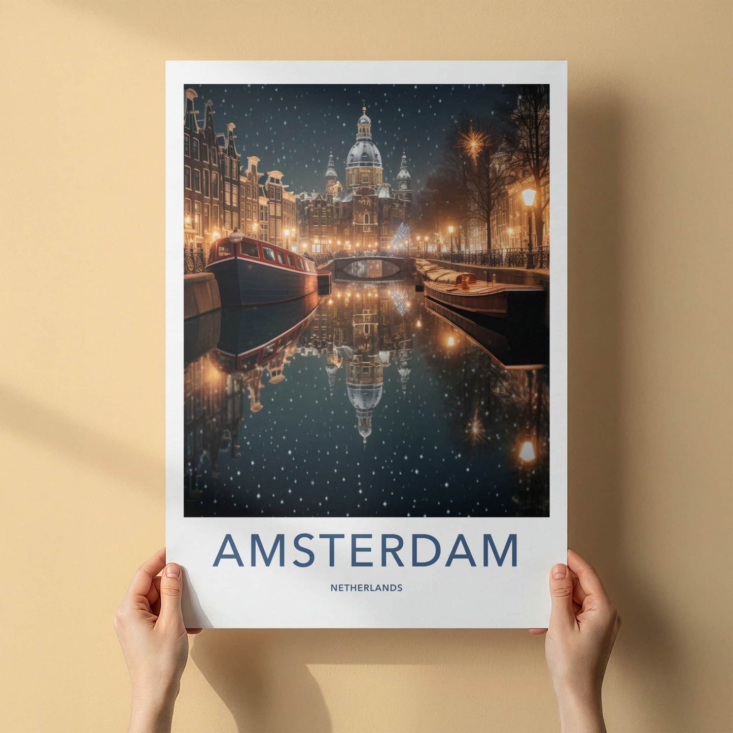 Amsterdam Poster - Netherlands Wall Art - Snowy Canal Lights Home Decor