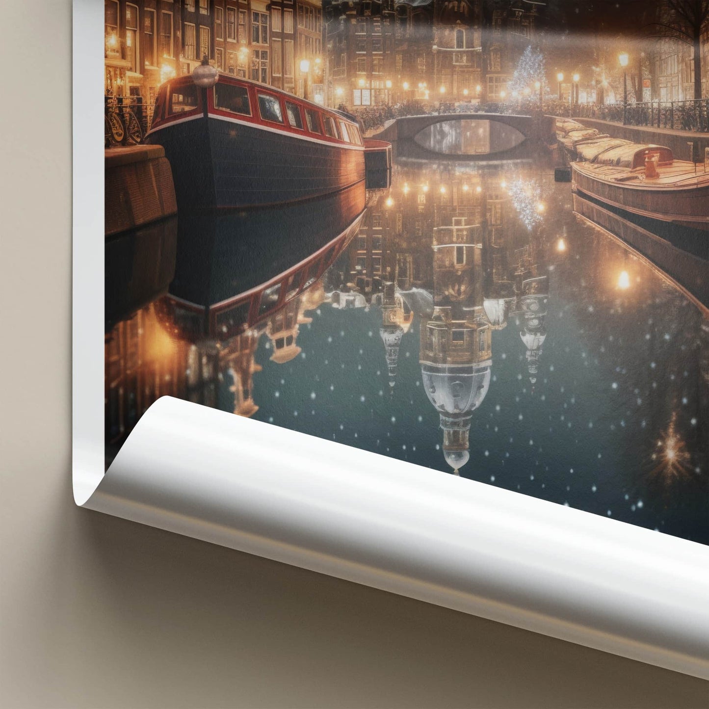 Amsterdam Poster - Netherlands Wall Art - Snowy Canal Lights Home Decor
