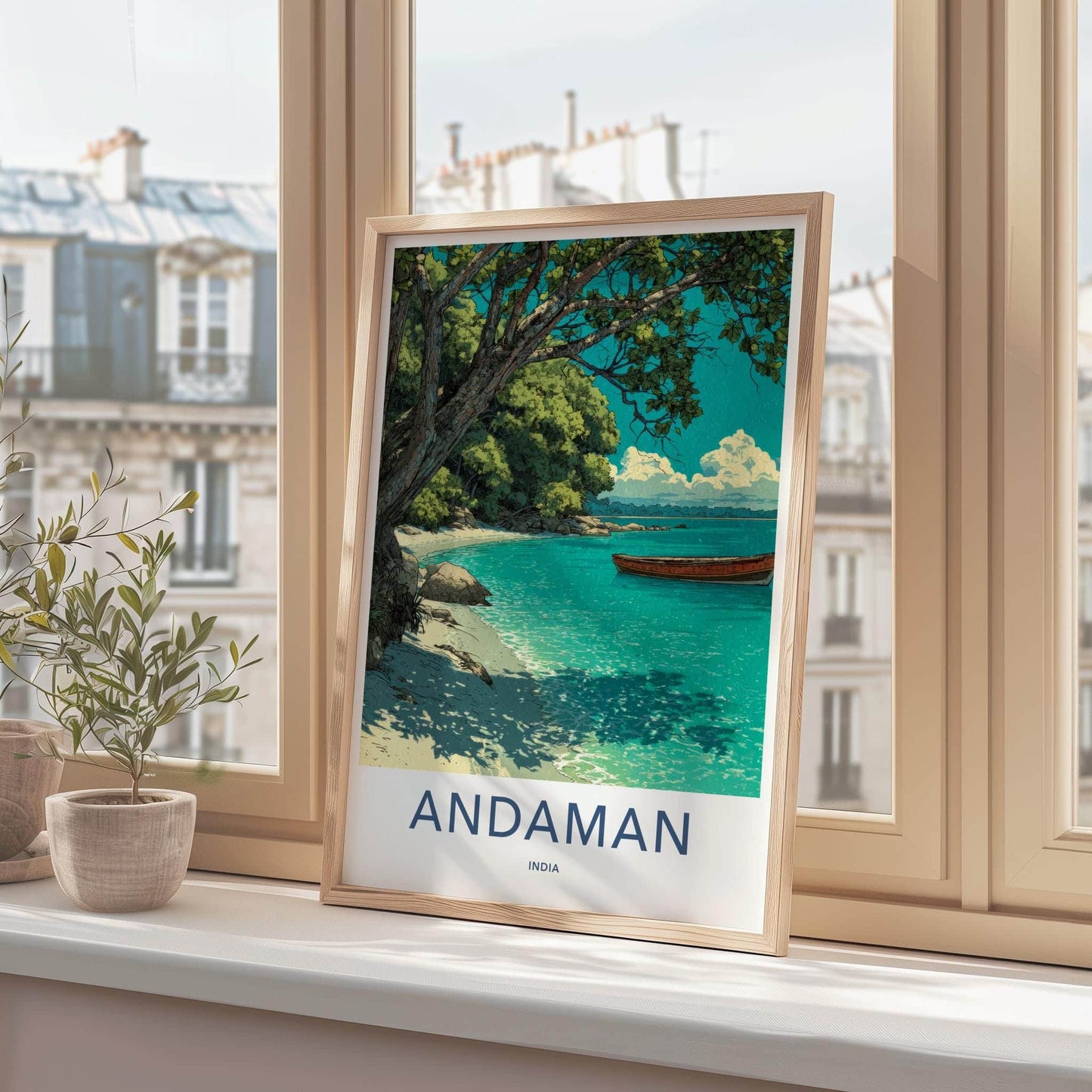 Andaman Poster - India Travel Illustration - Turquoise Waters Boat Home Decor