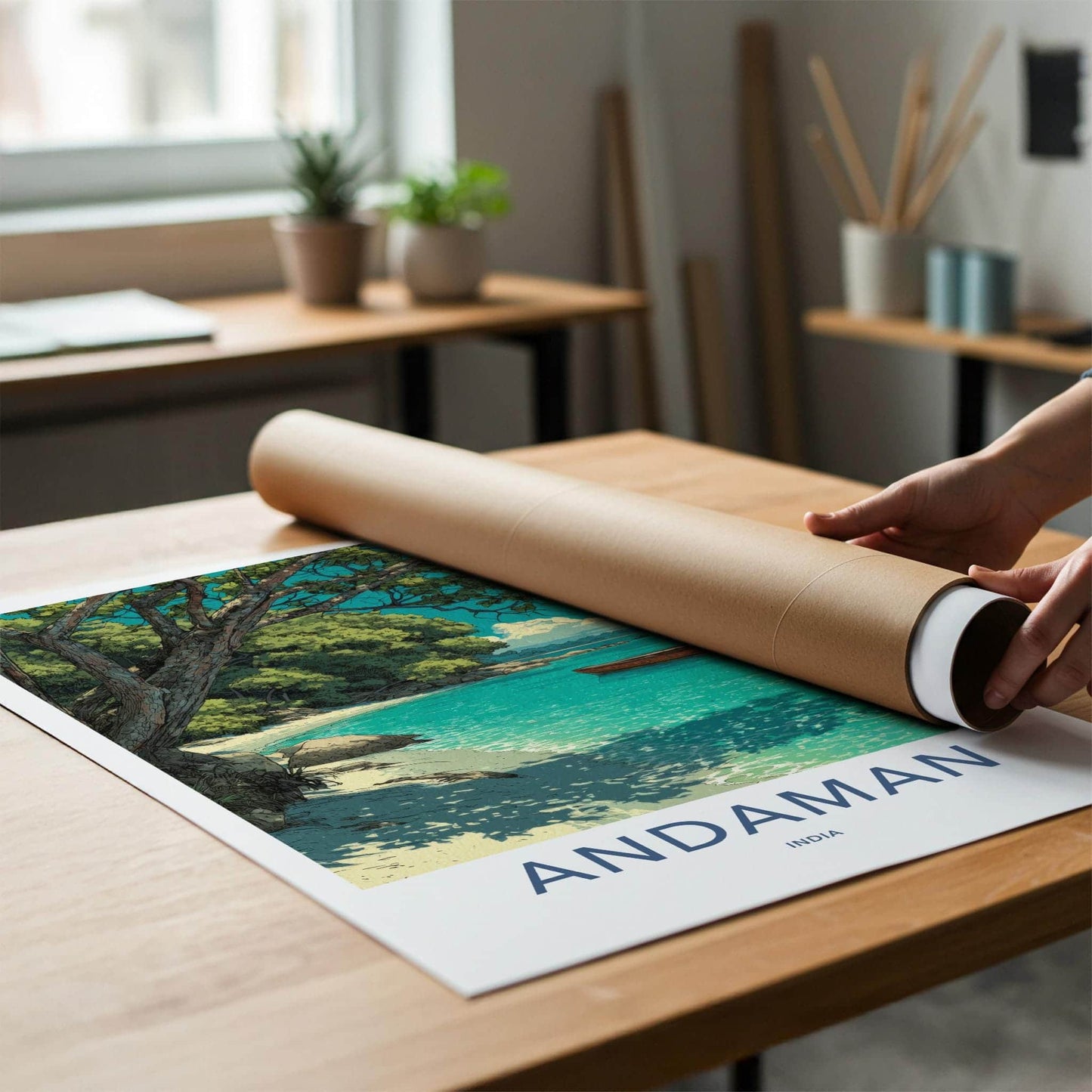 Andaman Poster - India Travel Illustration - Turquoise Waters Boat Home Decor