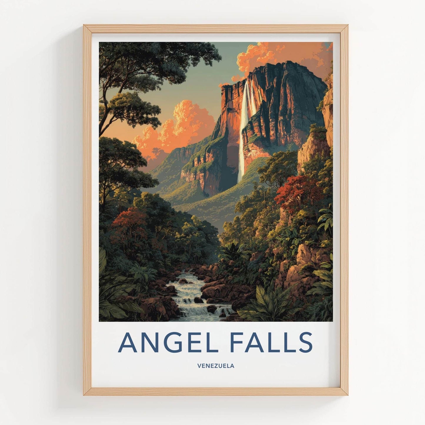 Angel Falls Poster - Venezuela Travel Art - Dramatic Sunset Cliffs Wall Decor