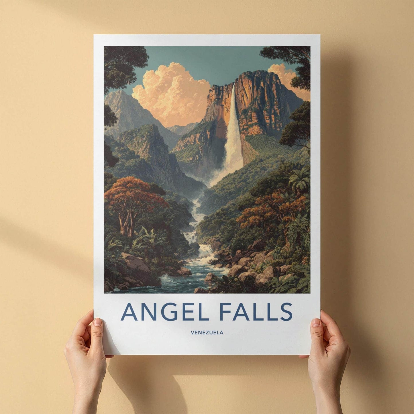 Angel Falls Poster - Venezuela Travel Illustration - Misty Mountain Falls Home Decor