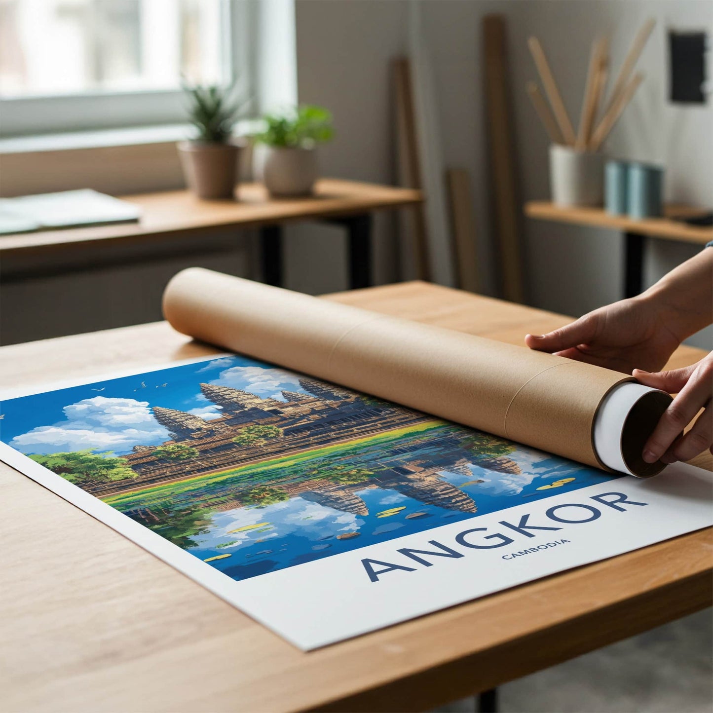 Angkor Poster - Cambodia Travel Art - Temple Water Reflection Home Decor