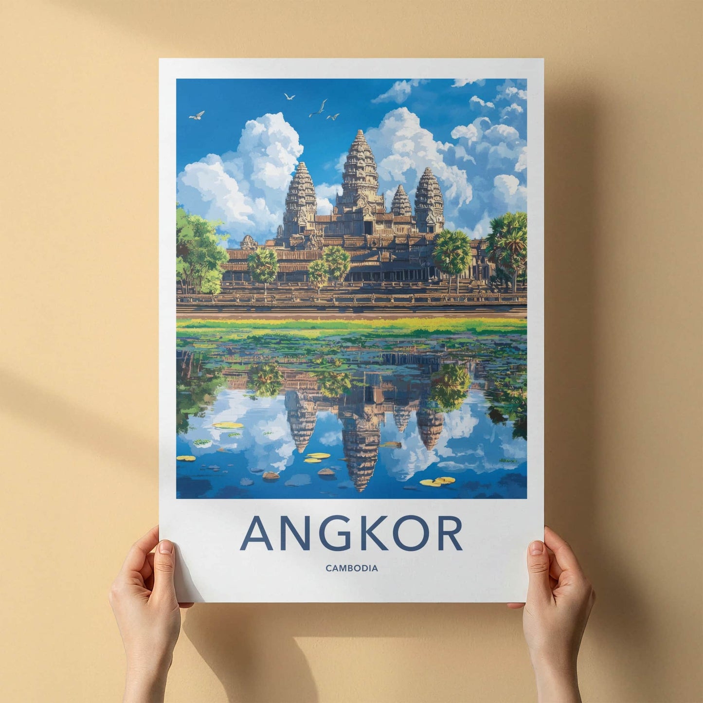 Angkor Poster - Cambodia Travel Art - Temple Water Reflection Home Decor
