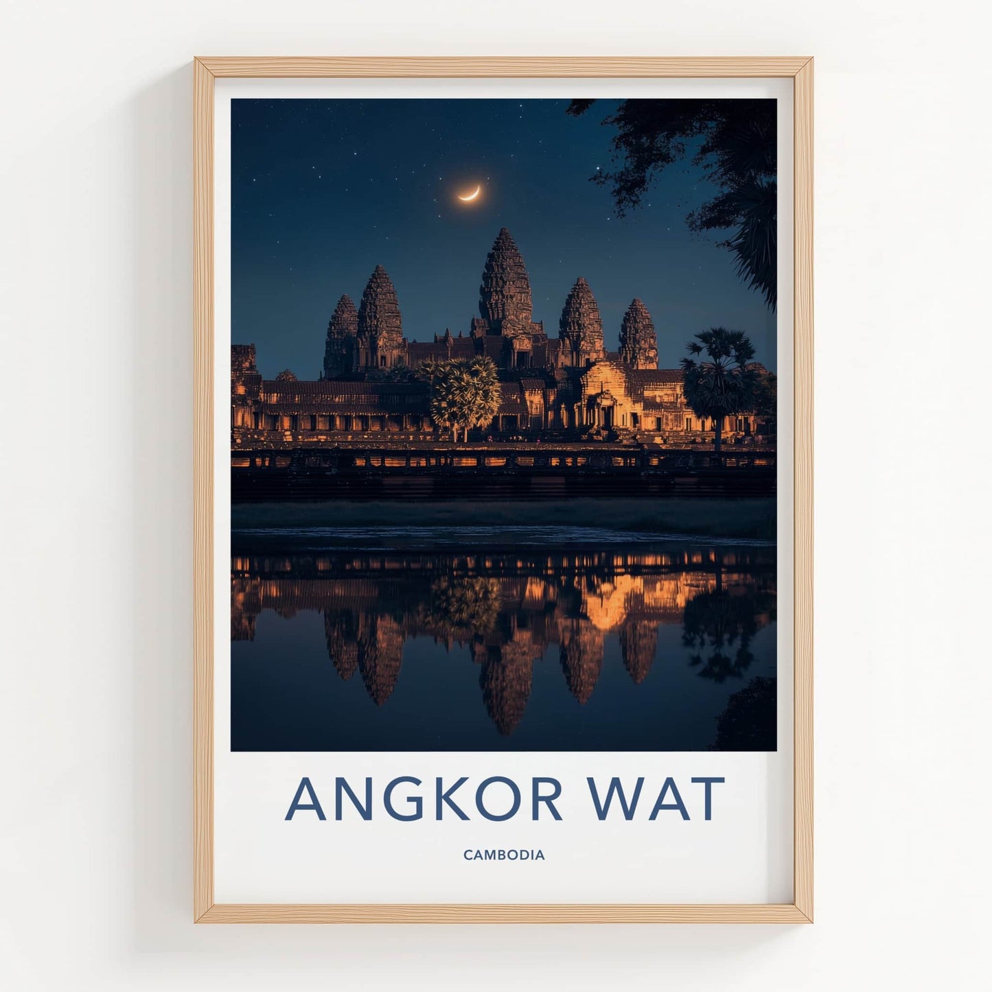 Angkor Wat Poster - Cambodia Travel Art - Moonlit Temple Reflection Wall Decor
