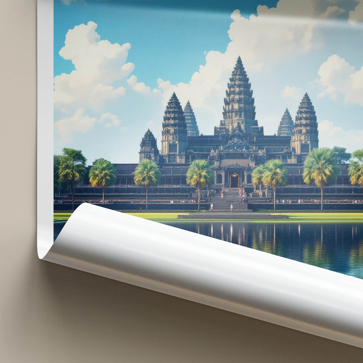 Angkor Wat Poster - Cambodia Travel Art - Temple Reflection Blue Wall Decor