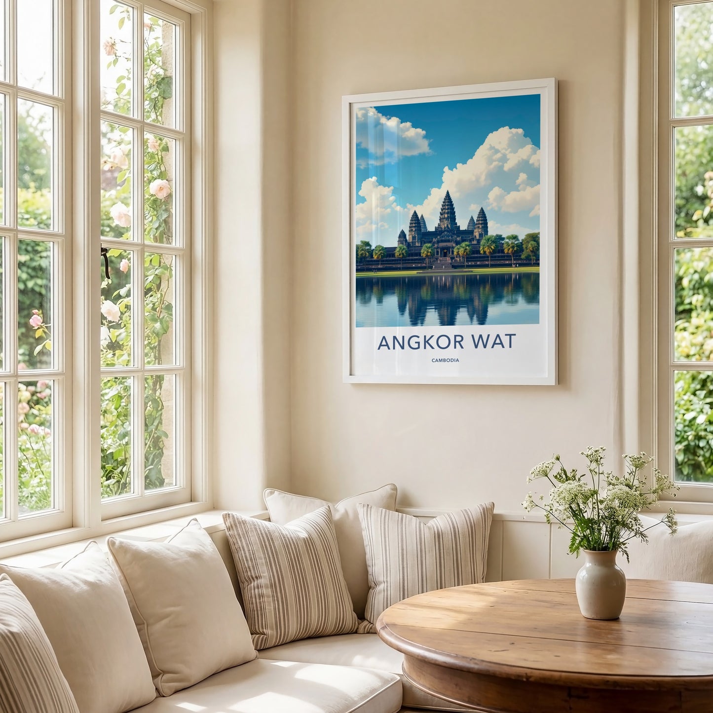 Angkor Wat Poster - Cambodia Travel Art - Temple Reflection Blue Wall Decor