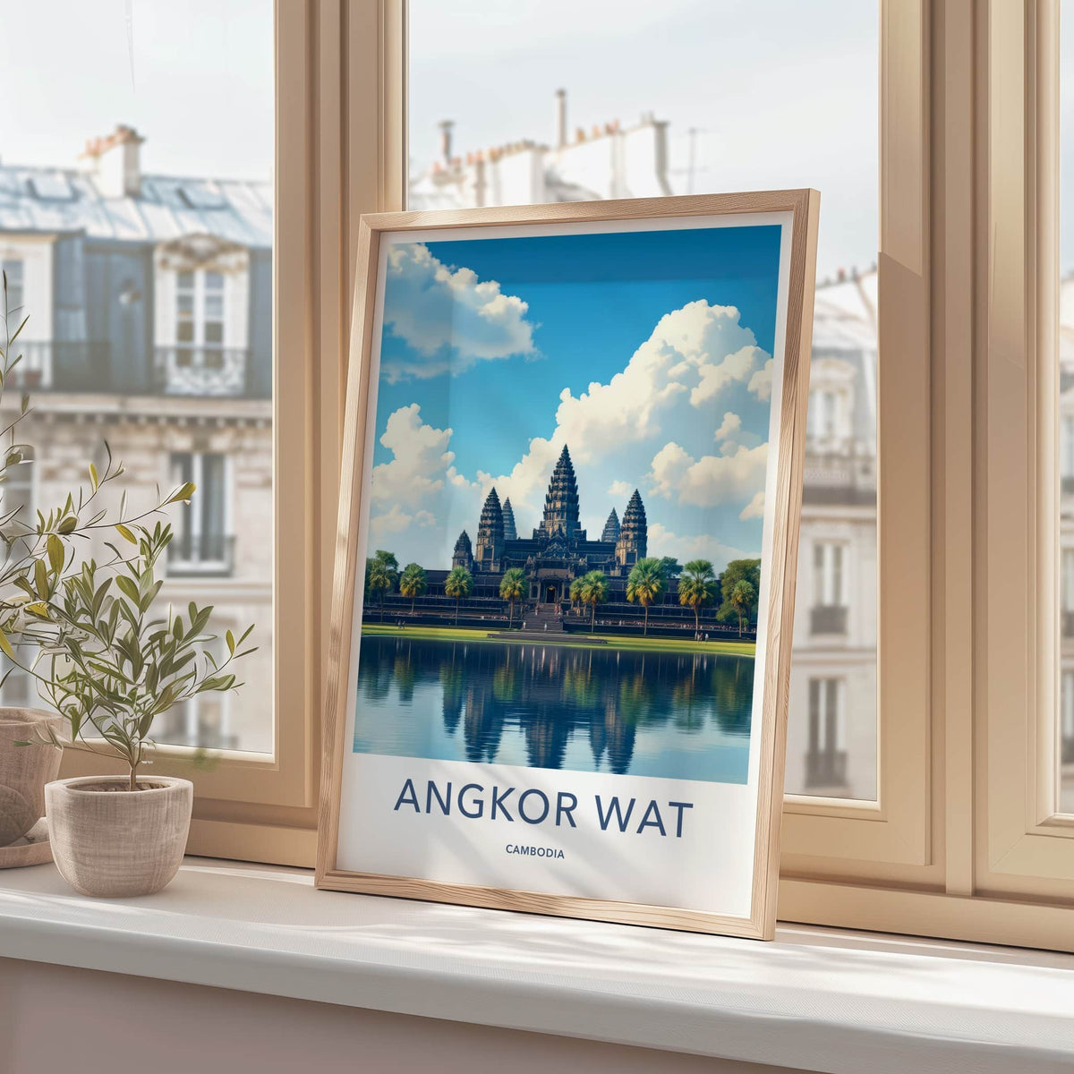 Angkor Wat Poster - Cambodia Travel Art - Temple Reflection Blue Wall Decor