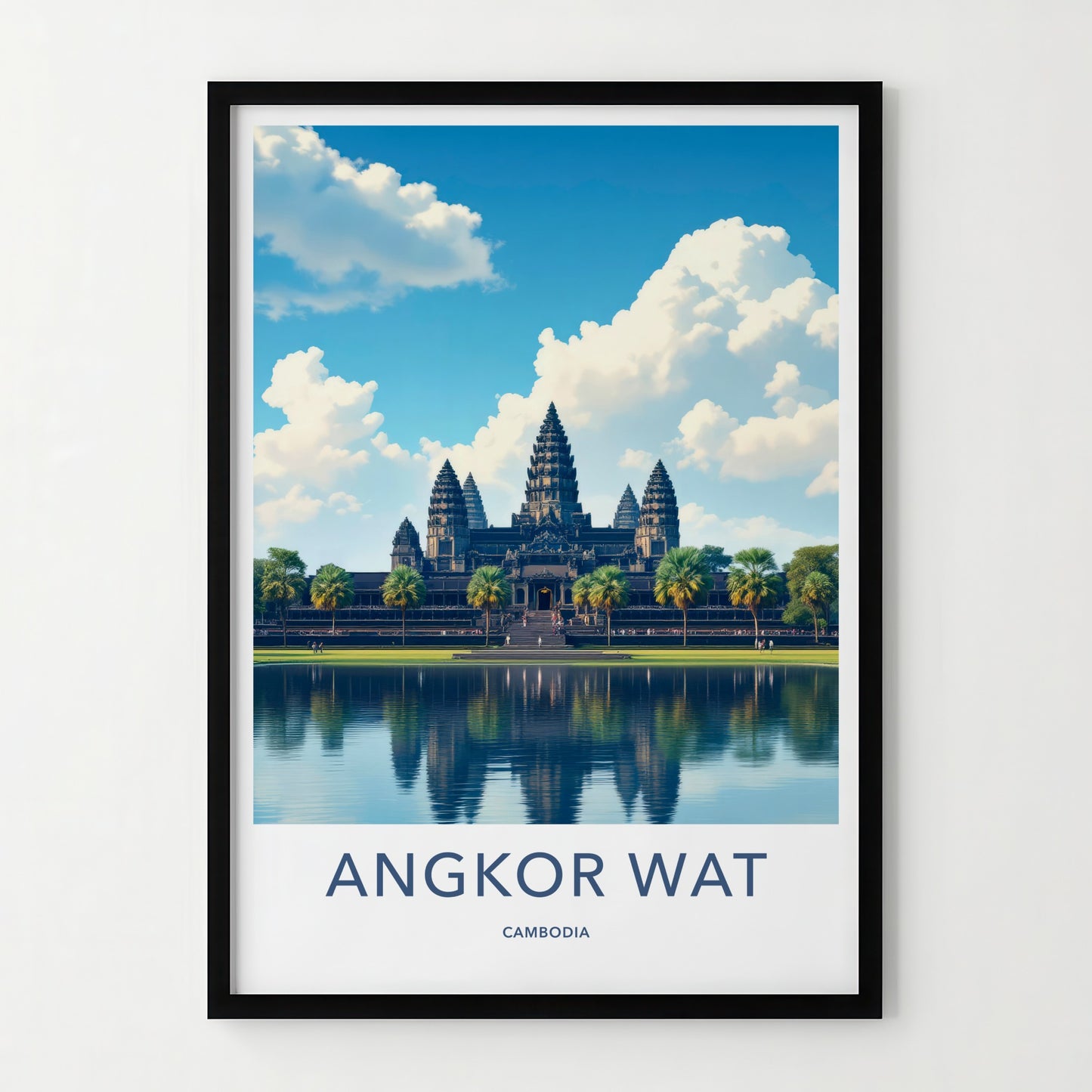 Angkor Wat Poster - Cambodia Travel Art - Temple Reflection Blue Wall Decor