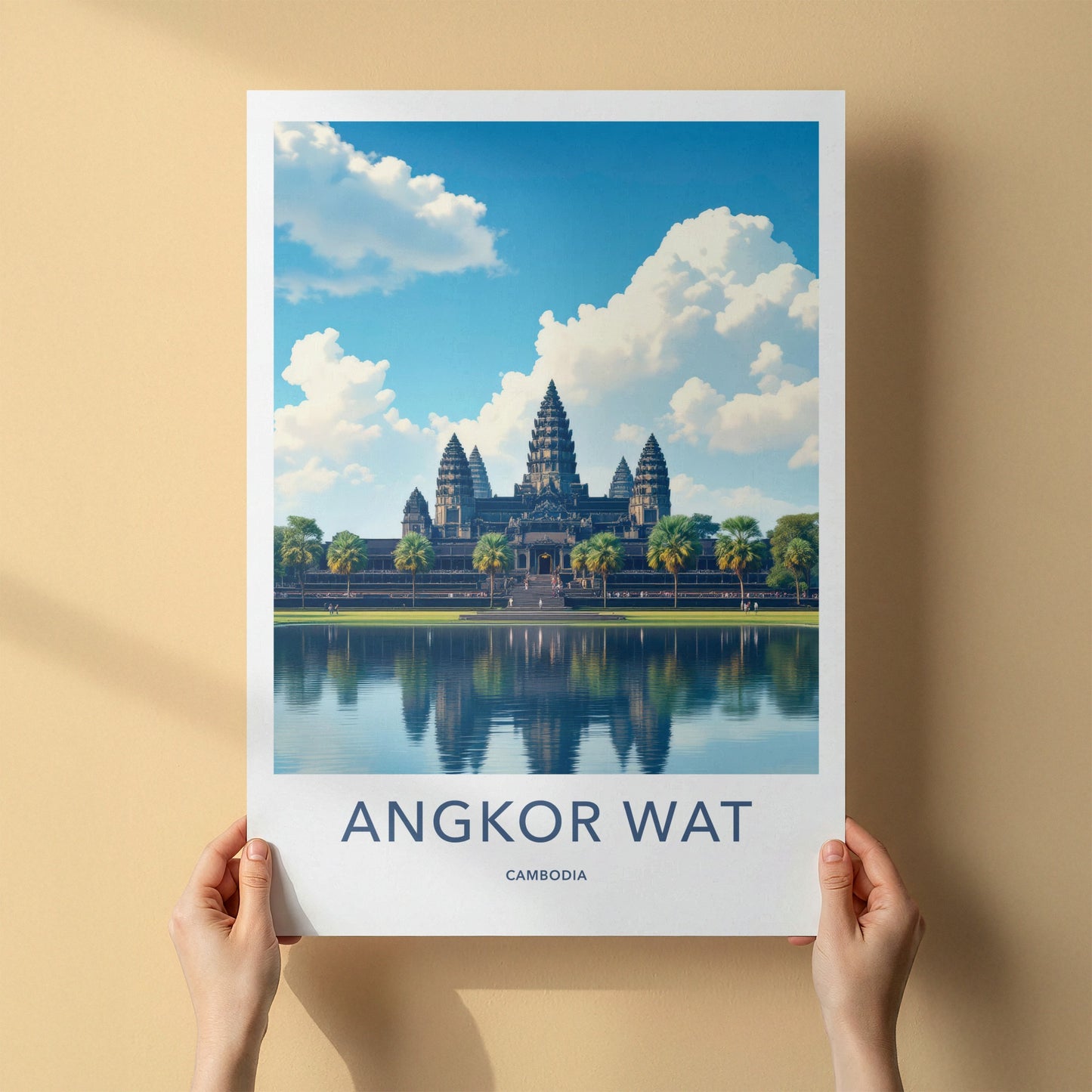 Angkor Wat Poster - Cambodia Travel Art - Temple Reflection Blue Wall Decor