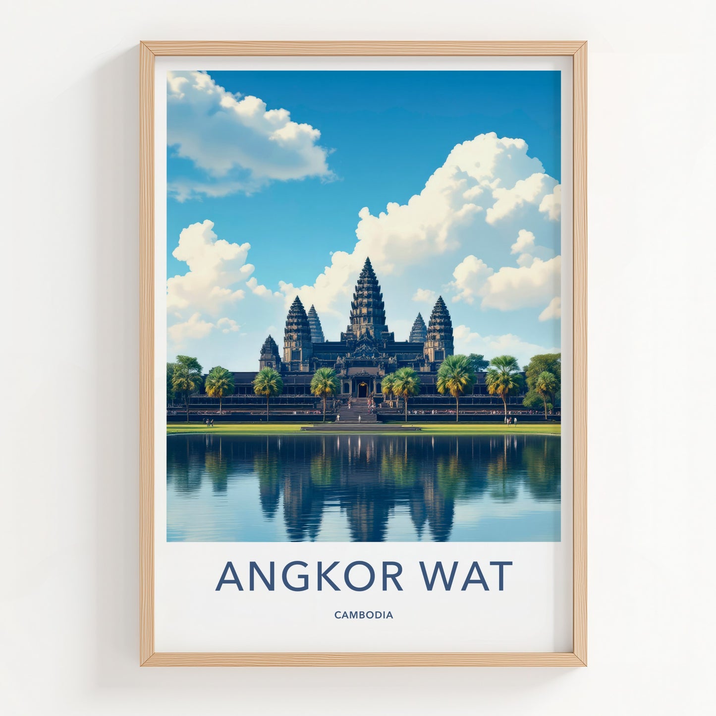 Angkor Wat Poster - Cambodia Travel Art - Temple Reflection Blue Wall Decor