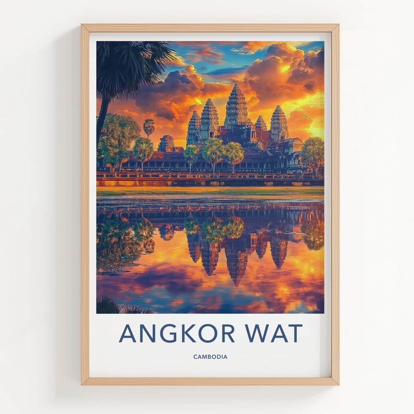 Angkor Wat Poster - Cambodia Travel Art - Temple Reflection Sunset Wall Decor