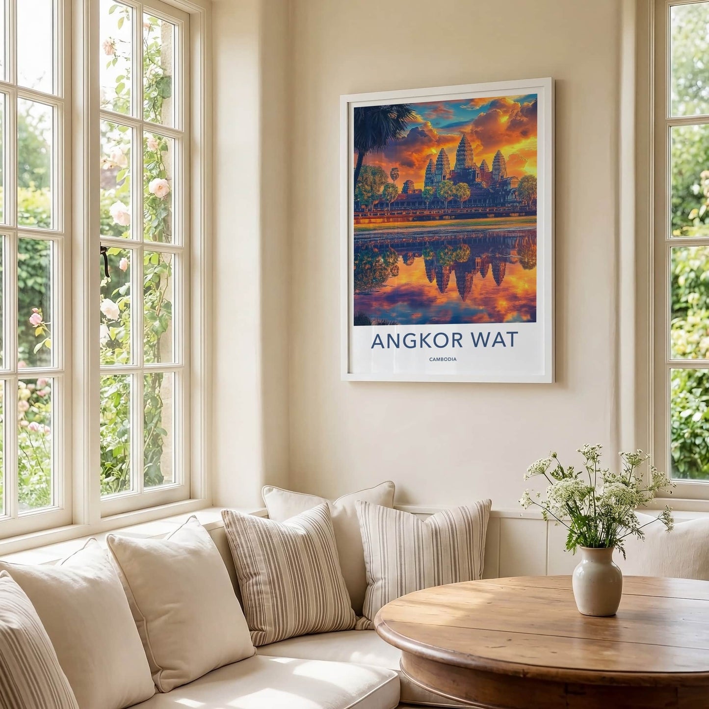 Angkor Wat Poster - Cambodia Travel Art - Temple Reflection Sunset Wall Decor