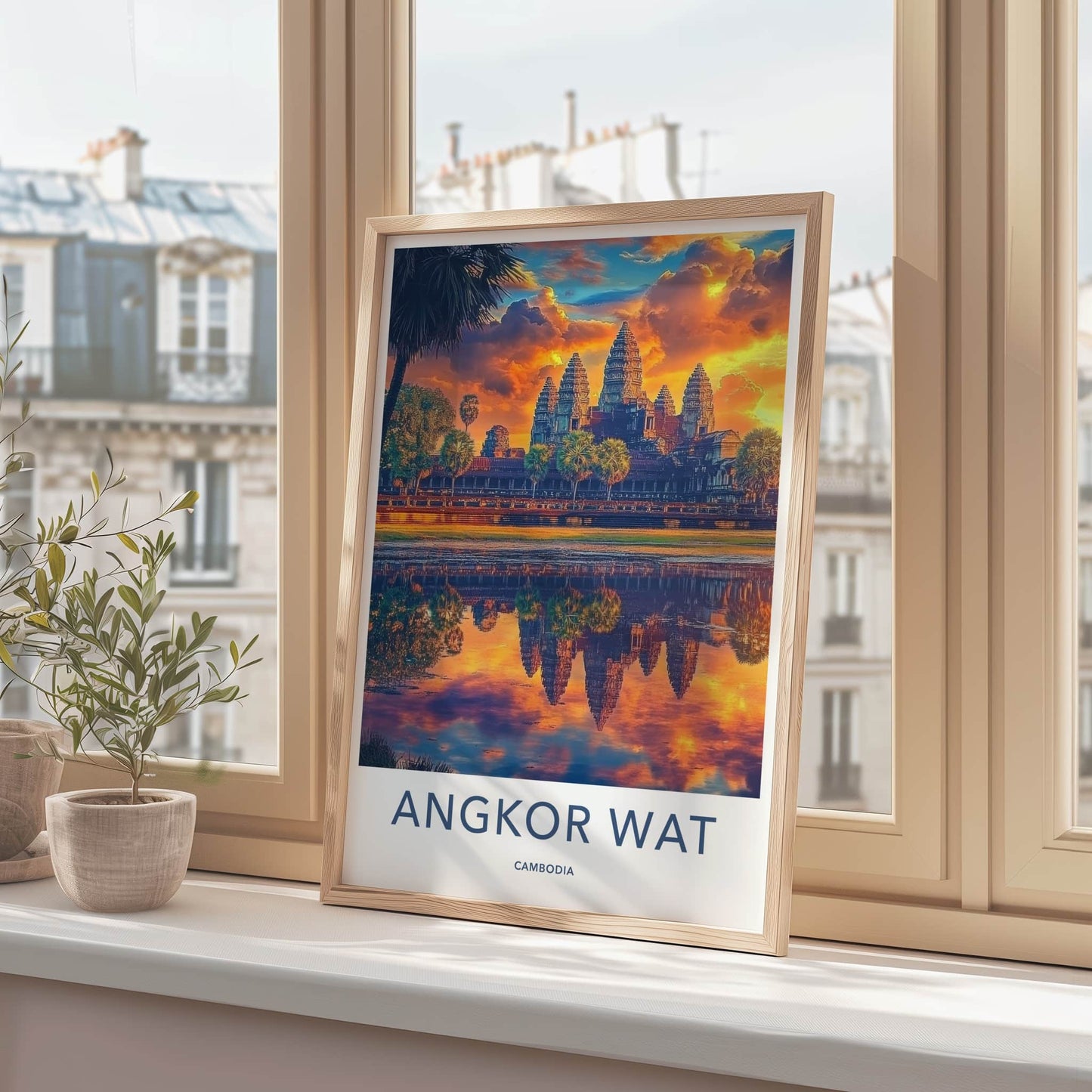 Angkor Wat Poster - Cambodia Travel Art - Temple Reflection Sunset Wall Decor