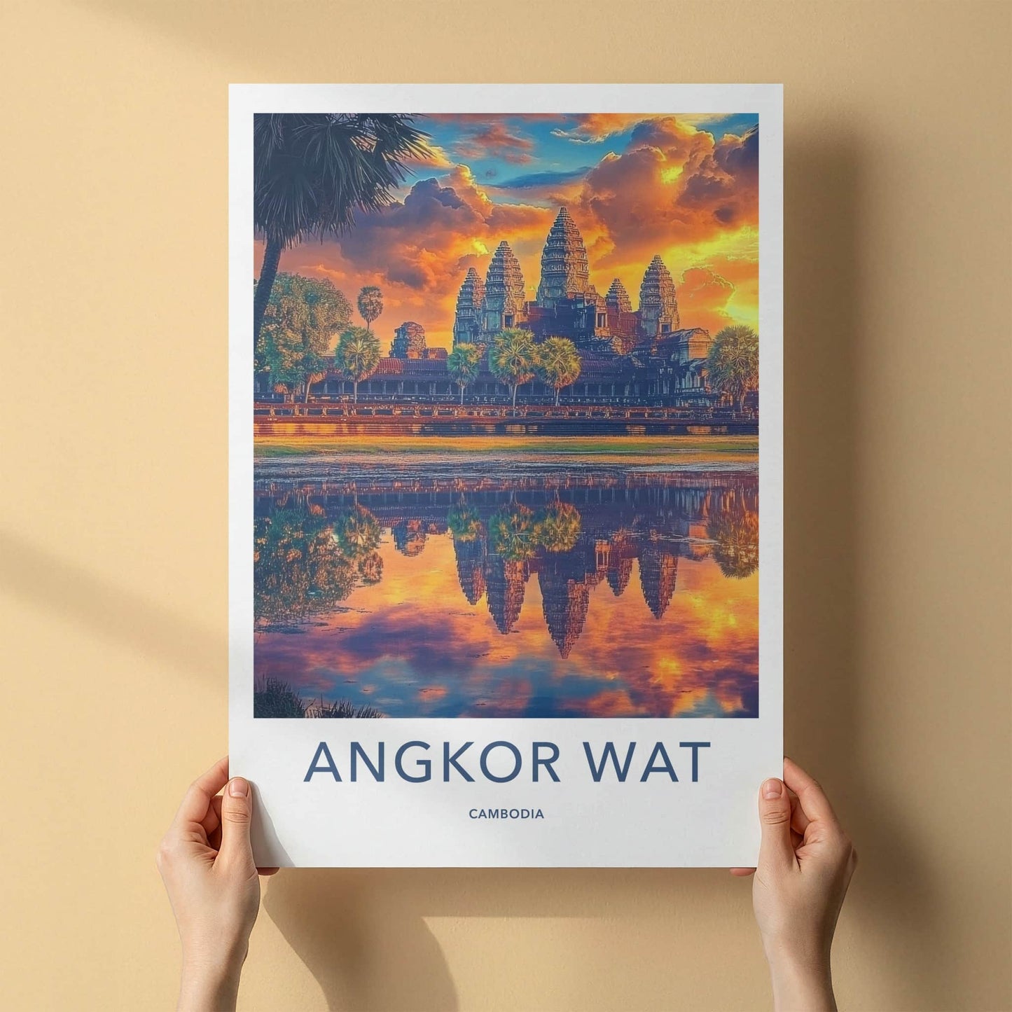 Angkor Wat Poster - Cambodia Travel Art - Temple Reflection Sunset Wall Decor