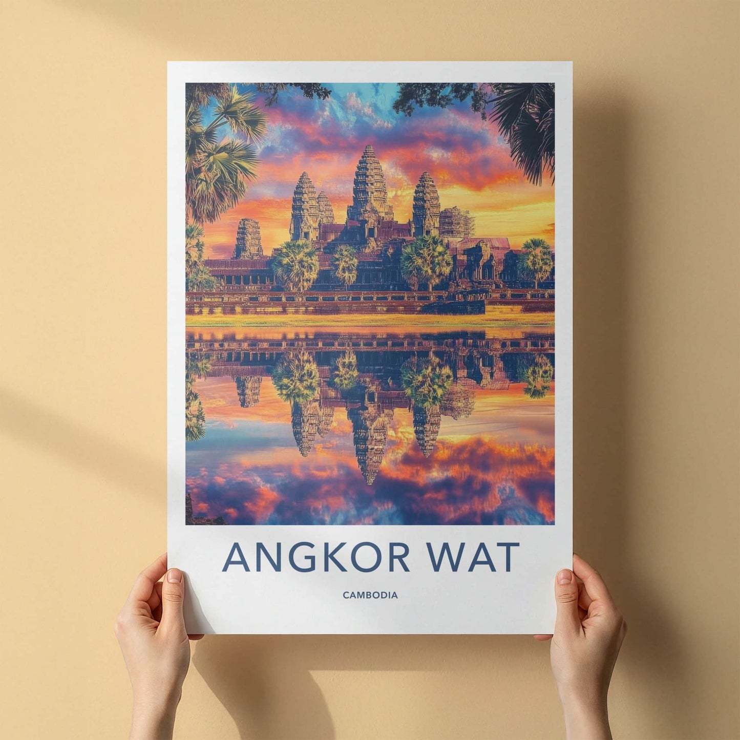Angkor Wat Poster - Cambodia Travel Art - Vibrant Temple Reflection Home Decor