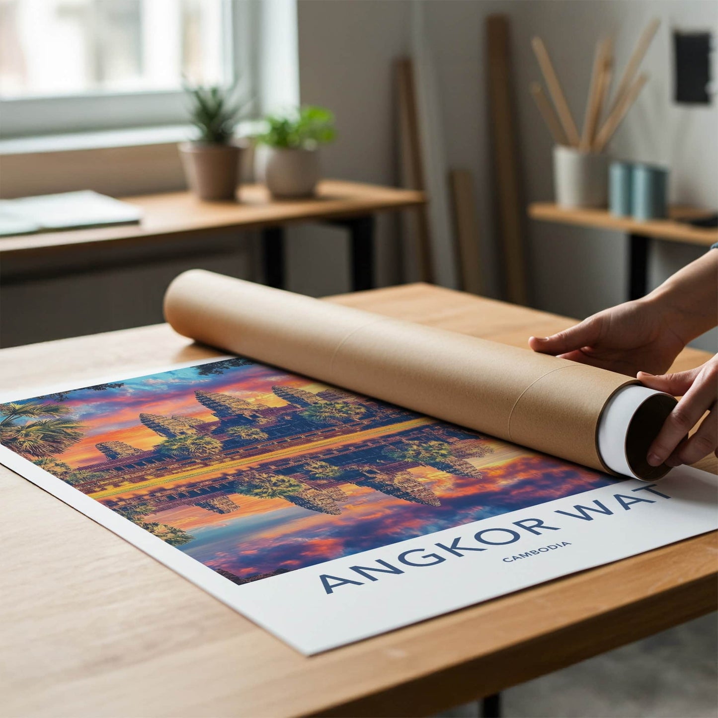 Angkor Wat Poster - Cambodia Travel Art - Vibrant Temple Reflection Home Decor