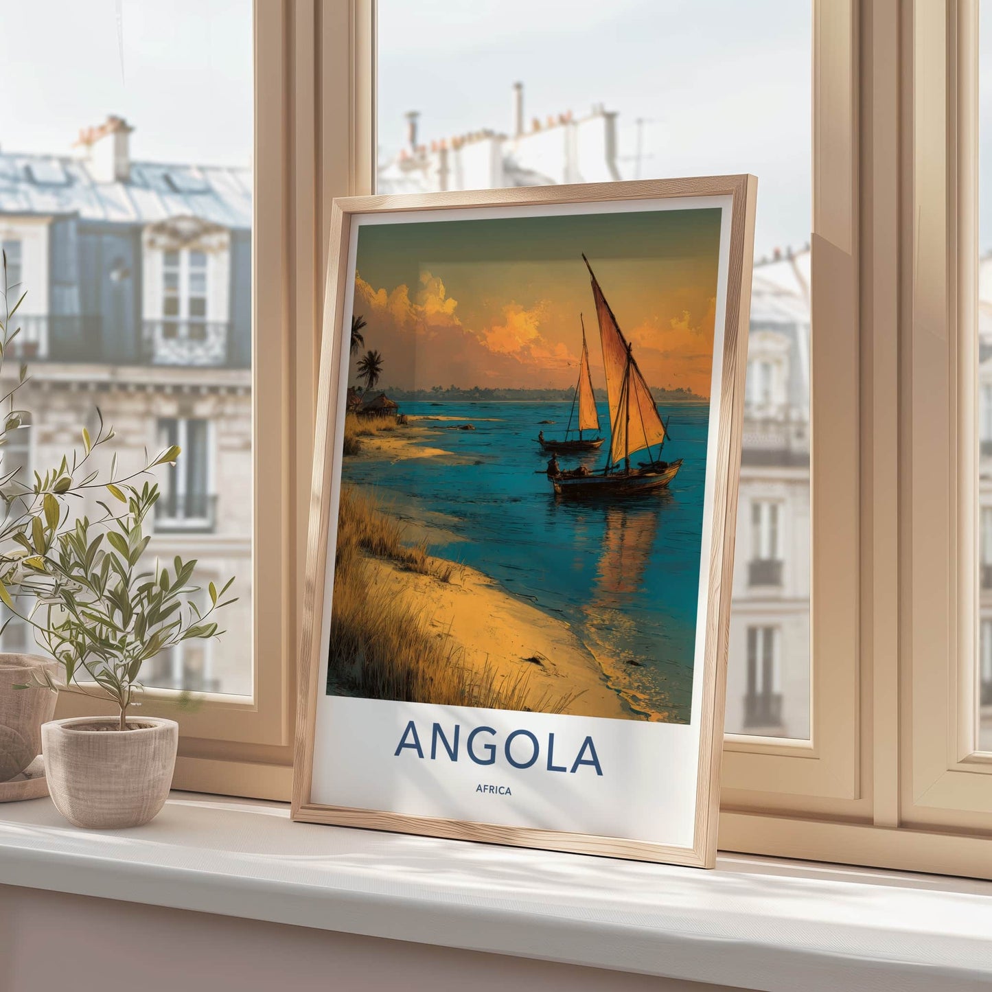 Angola Poster - Africa Travel Art - Golden Sunset Sailboats Home Decor