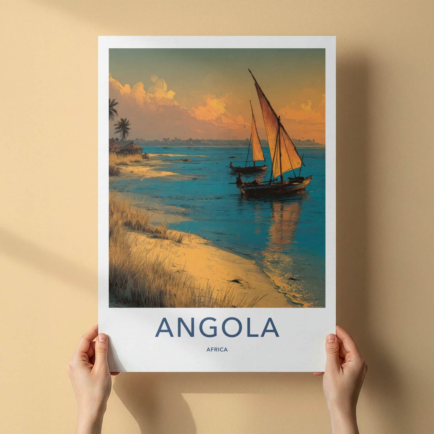 Angola Poster - Africa Travel Art - Golden Sunset Sailboats Home Decor