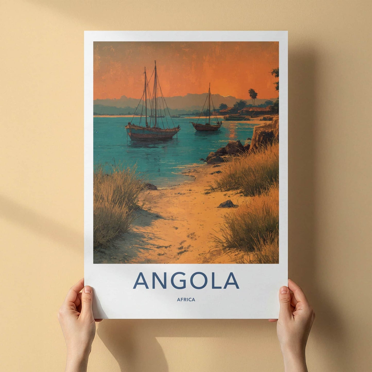 Angola Poster - Africa Travel Art - Orange Sky Boats Home Decor