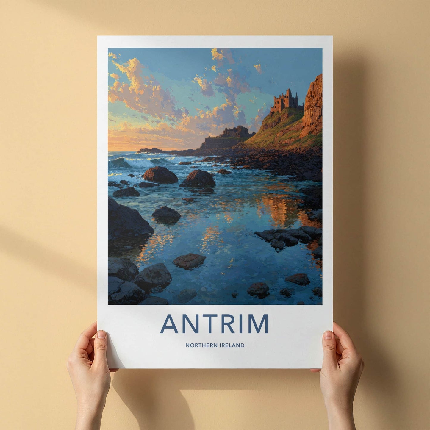 Antrim Poster - Northern Ireland Travel Art - Coastal Castle Sunset Home Decor