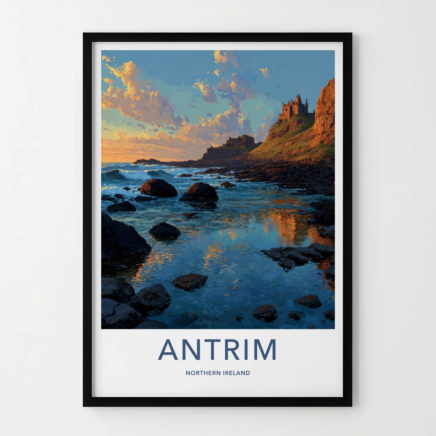 Antrim Poster - Northern Ireland Travel Art - Coastal Castle Sunset Home Decor