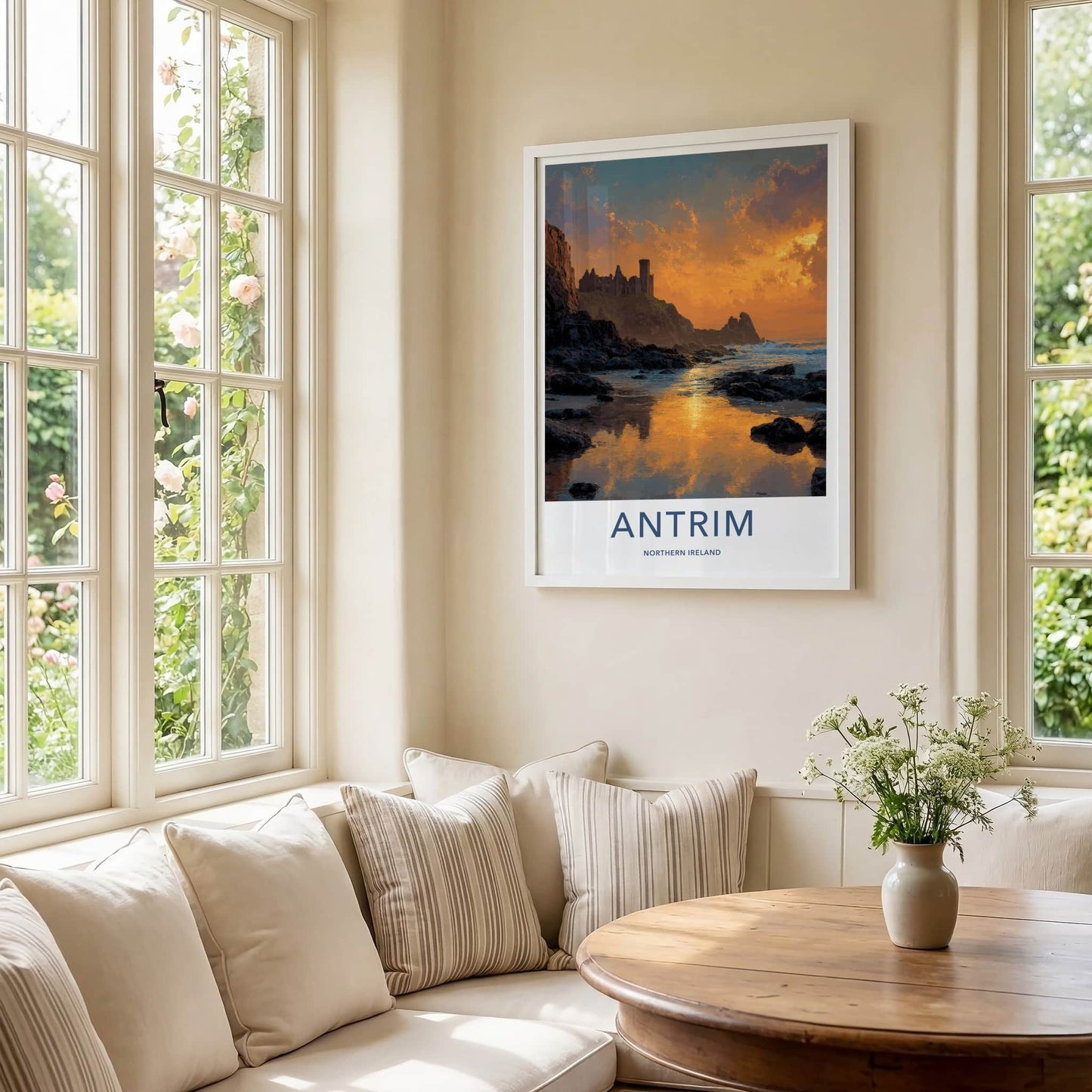 Antrim Poster - Northern Ireland Travel Art - Fiery Sky Castle Home Decor