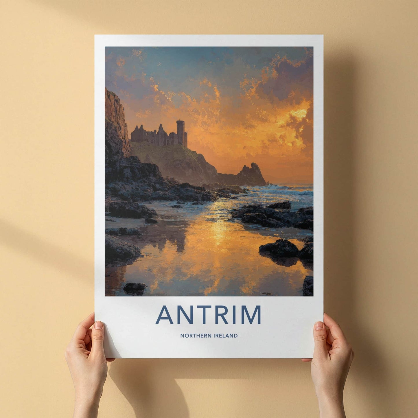 Antrim Poster - Northern Ireland Travel Art - Fiery Sky Castle Home Decor