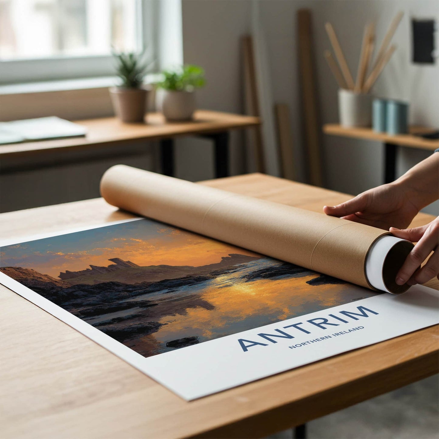 Antrim Poster - Northern Ireland Travel Art - Fiery Sky Castle Home Decor