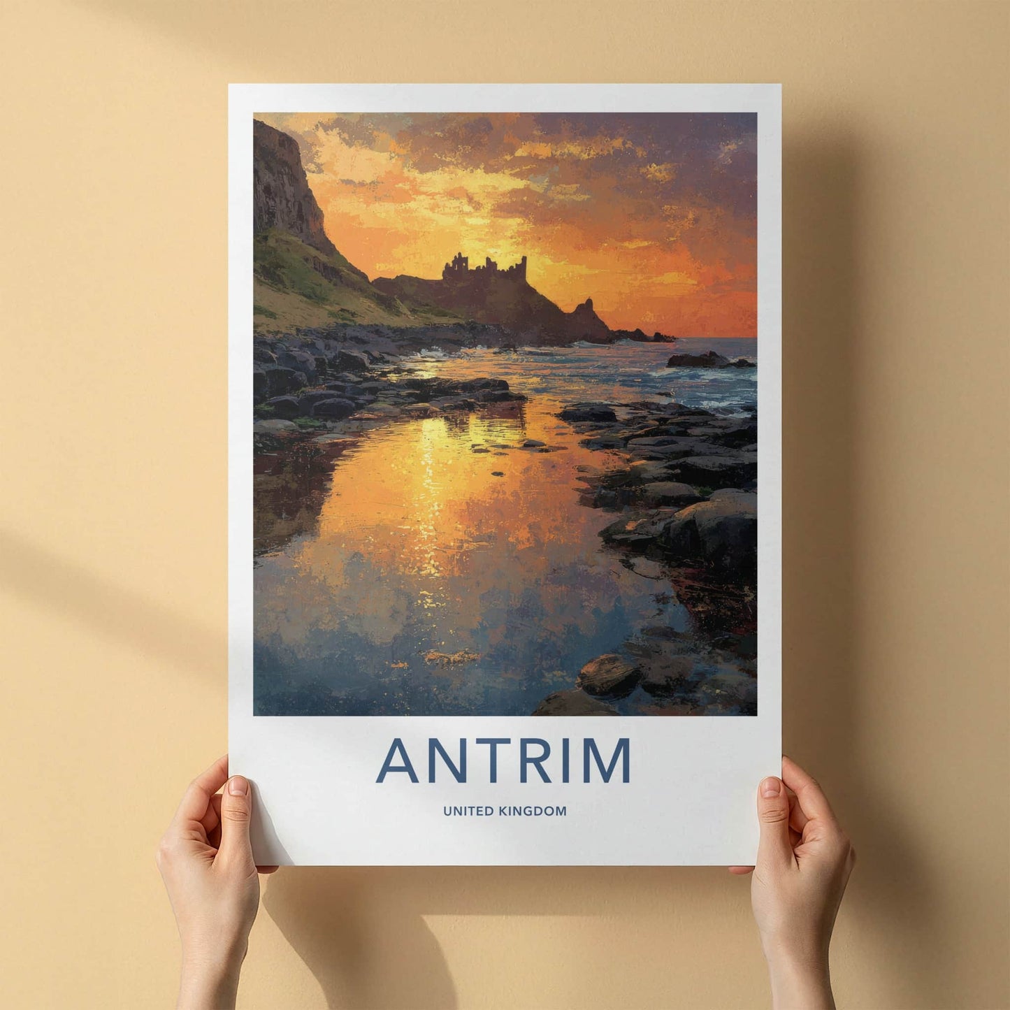 Antrim Poster - United Kingdom Travel Art - Castle Sunset Reflections Wall Decor