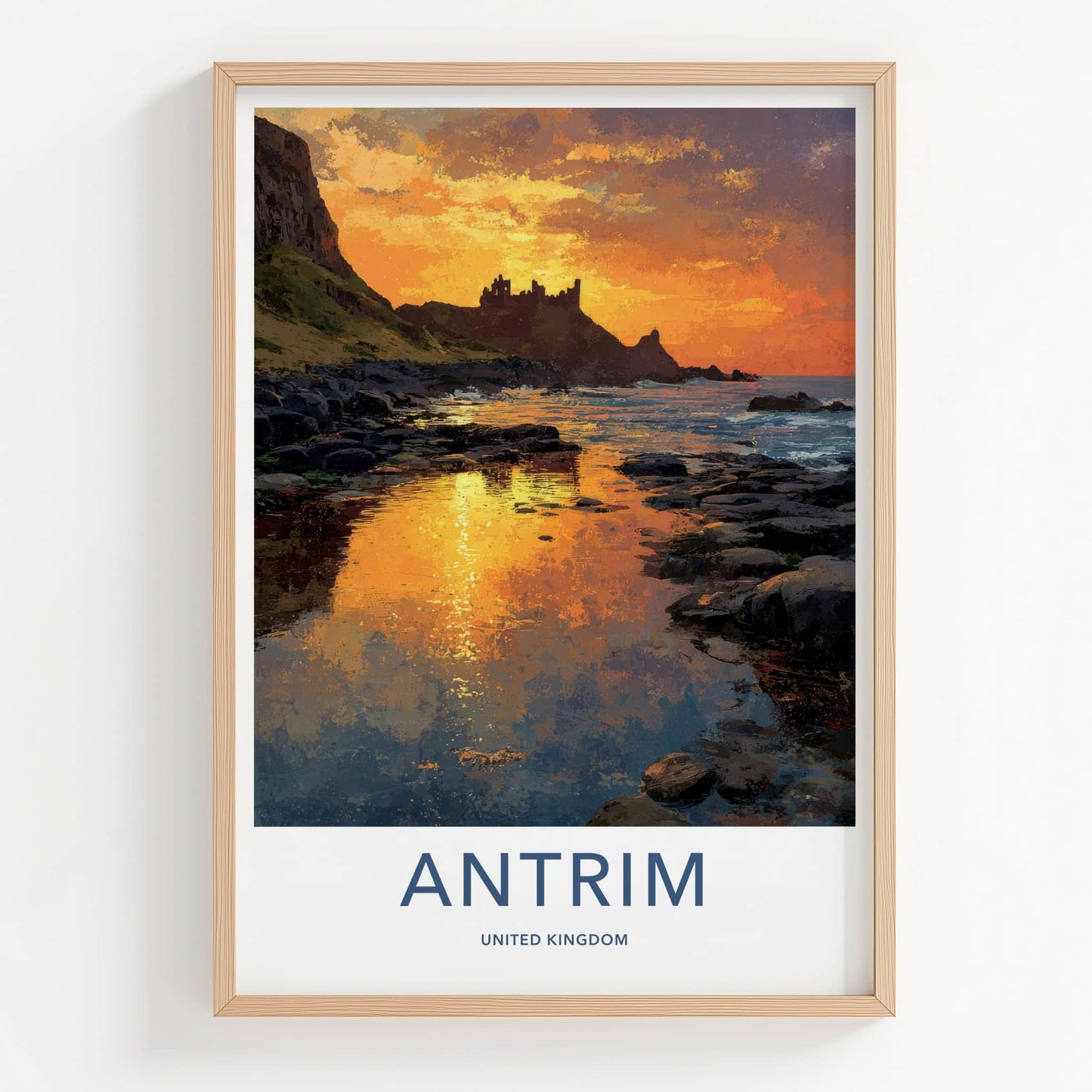 Antrim Poster - United Kingdom Travel Art - Castle Sunset Reflections Wall Decor