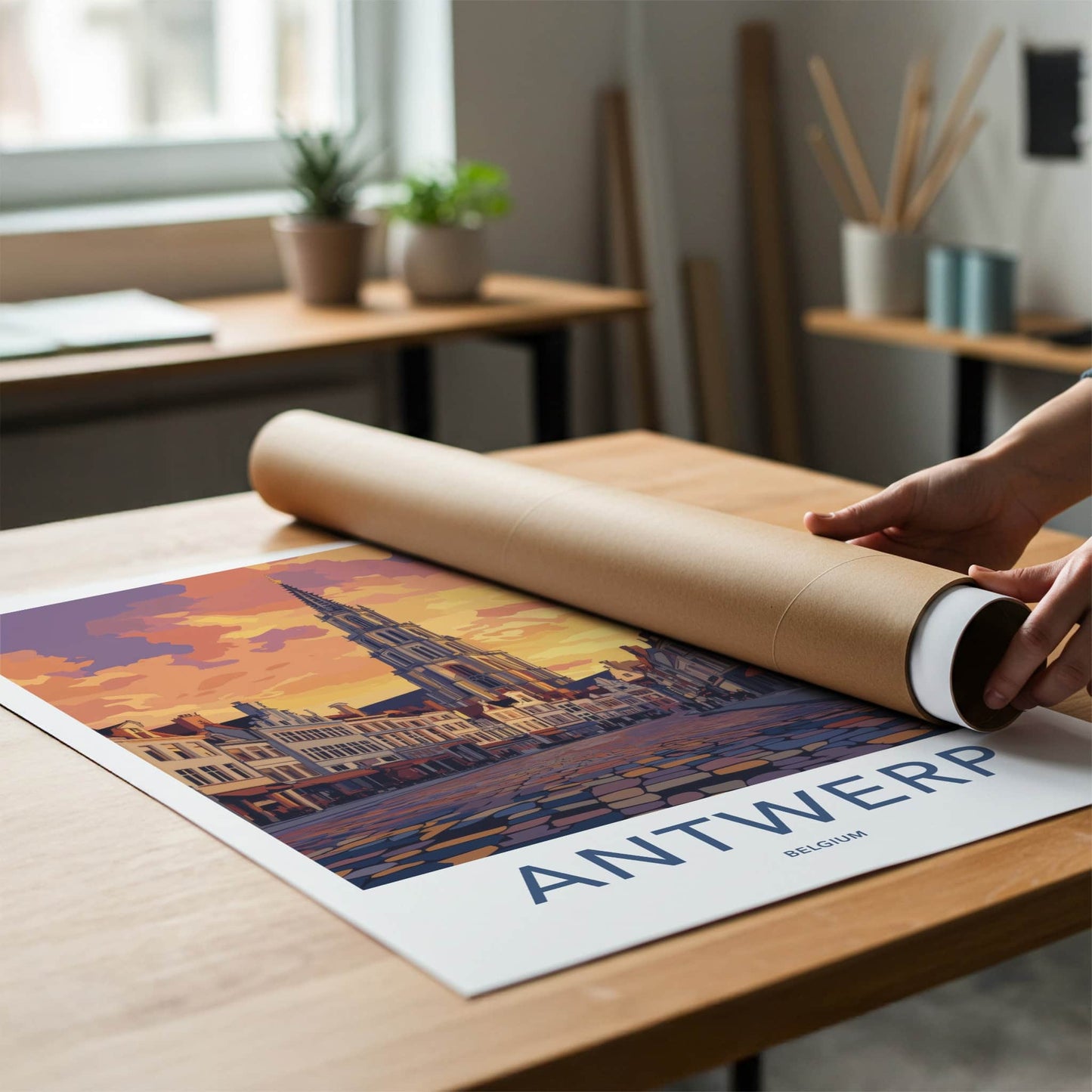 Antwerp Poster - Belgium Travel Art - Cityscape Orange Sunset Home Decor