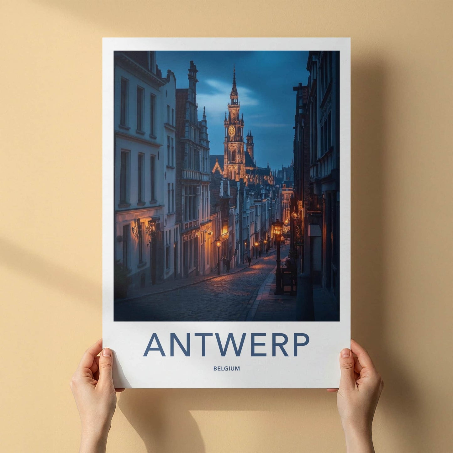 Antwerp Poster - Belgium Travel Art - Cobblestone Street Evening Home Decor