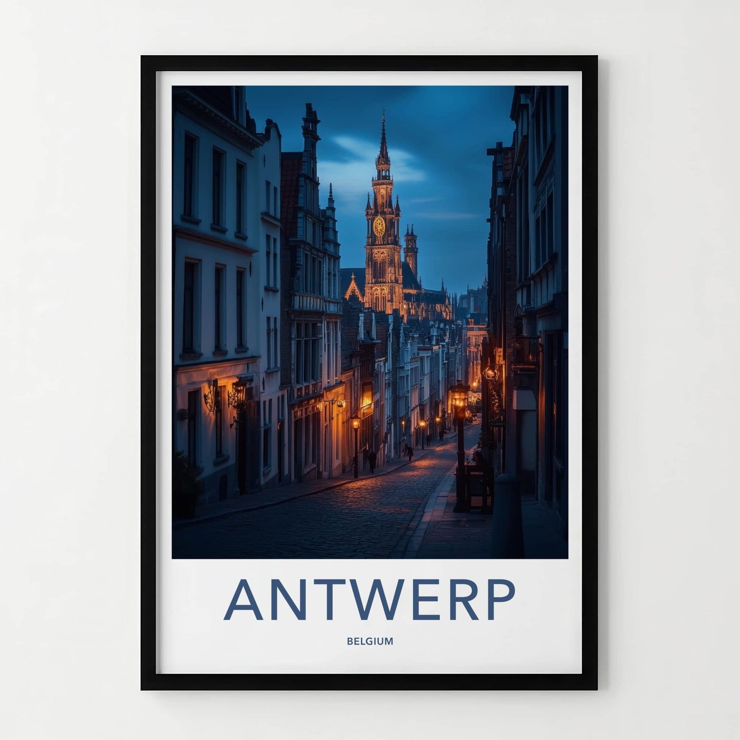 Antwerp Poster - Belgium Travel Art - Cobblestone Street Evening Home Decor