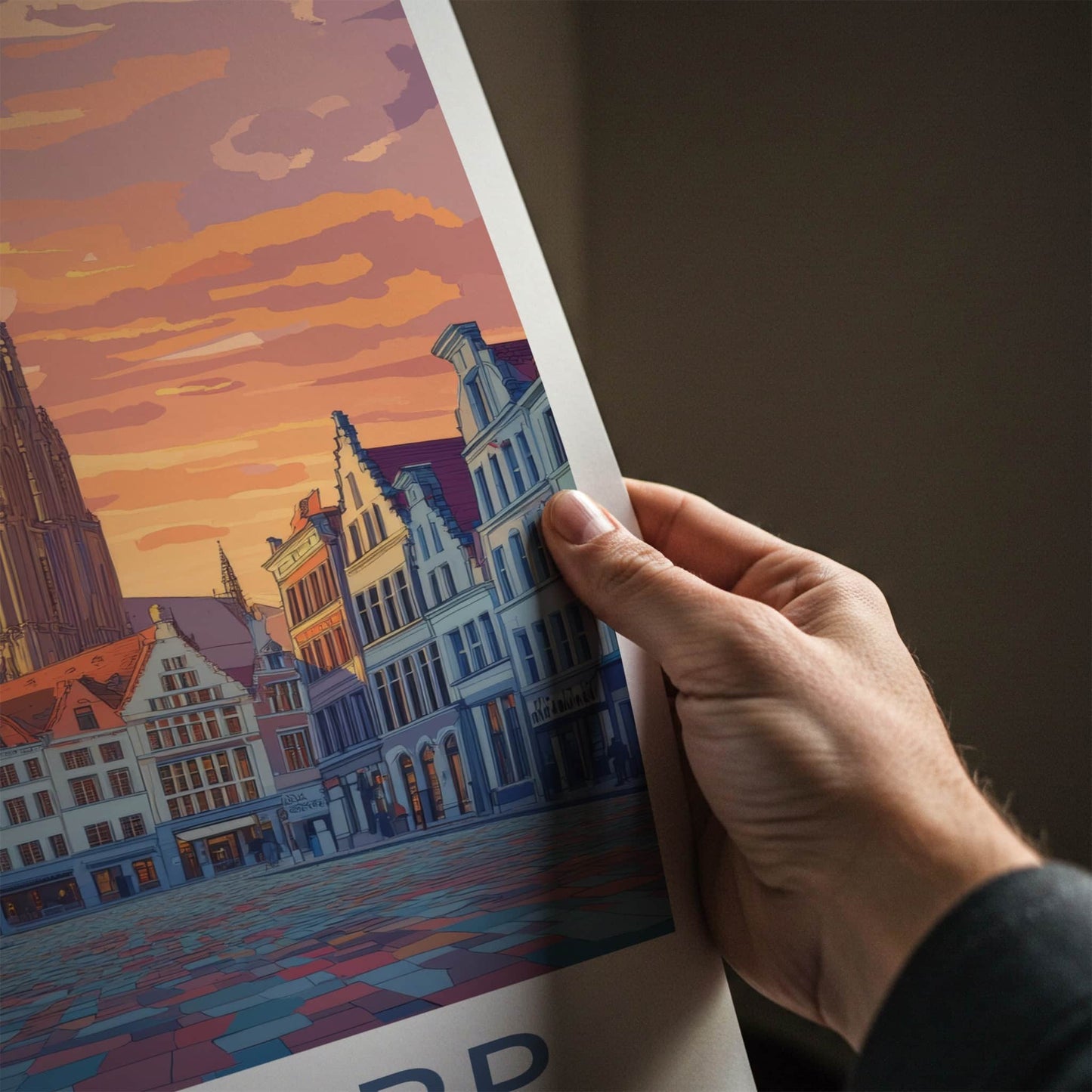 Antwerp Poster - Belgium Travel Art - Gothic Tower Sunset Home Decor