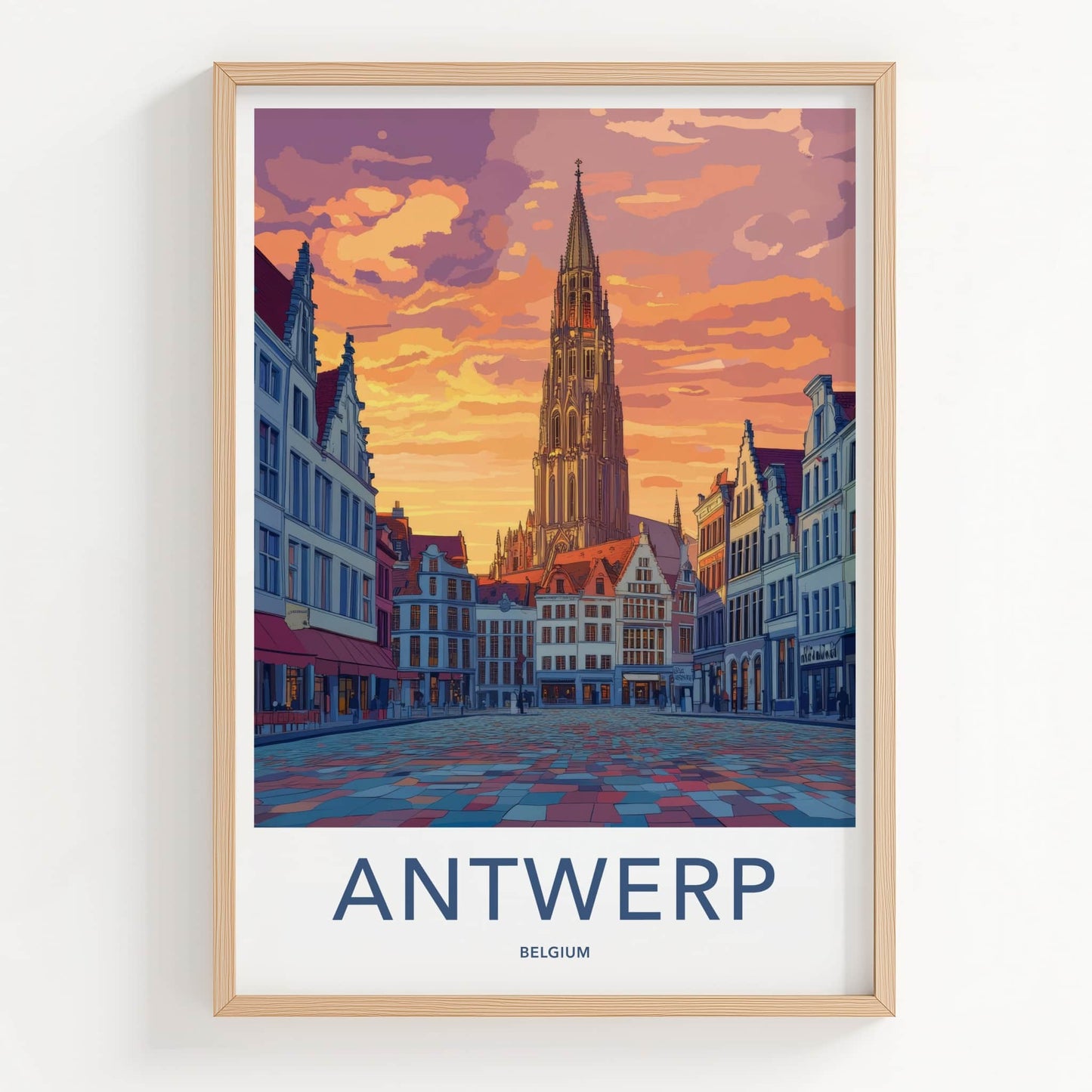 Antwerp Poster - Belgium Travel Art - Gothic Tower Sunset Home Decor