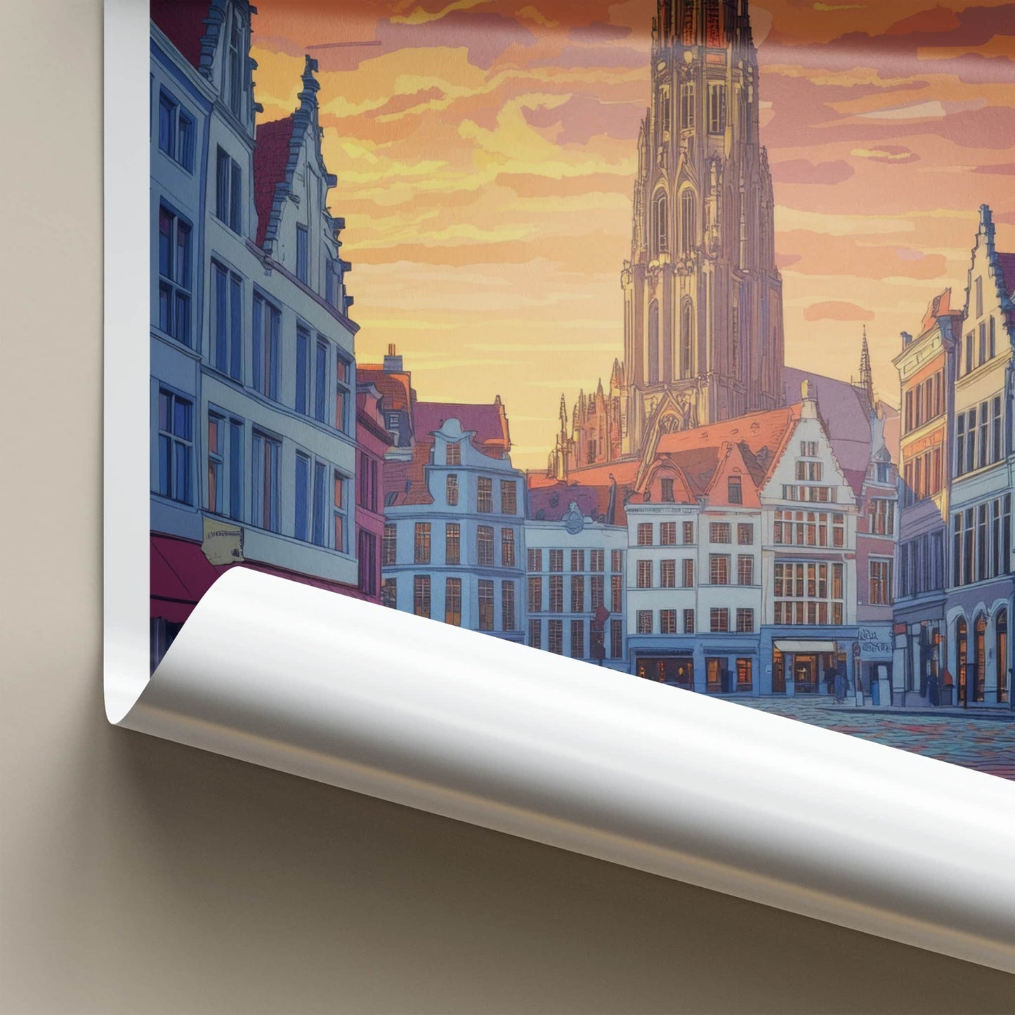 Antwerp Poster - Belgium Travel Art - Gothic Tower Sunset Home Decor