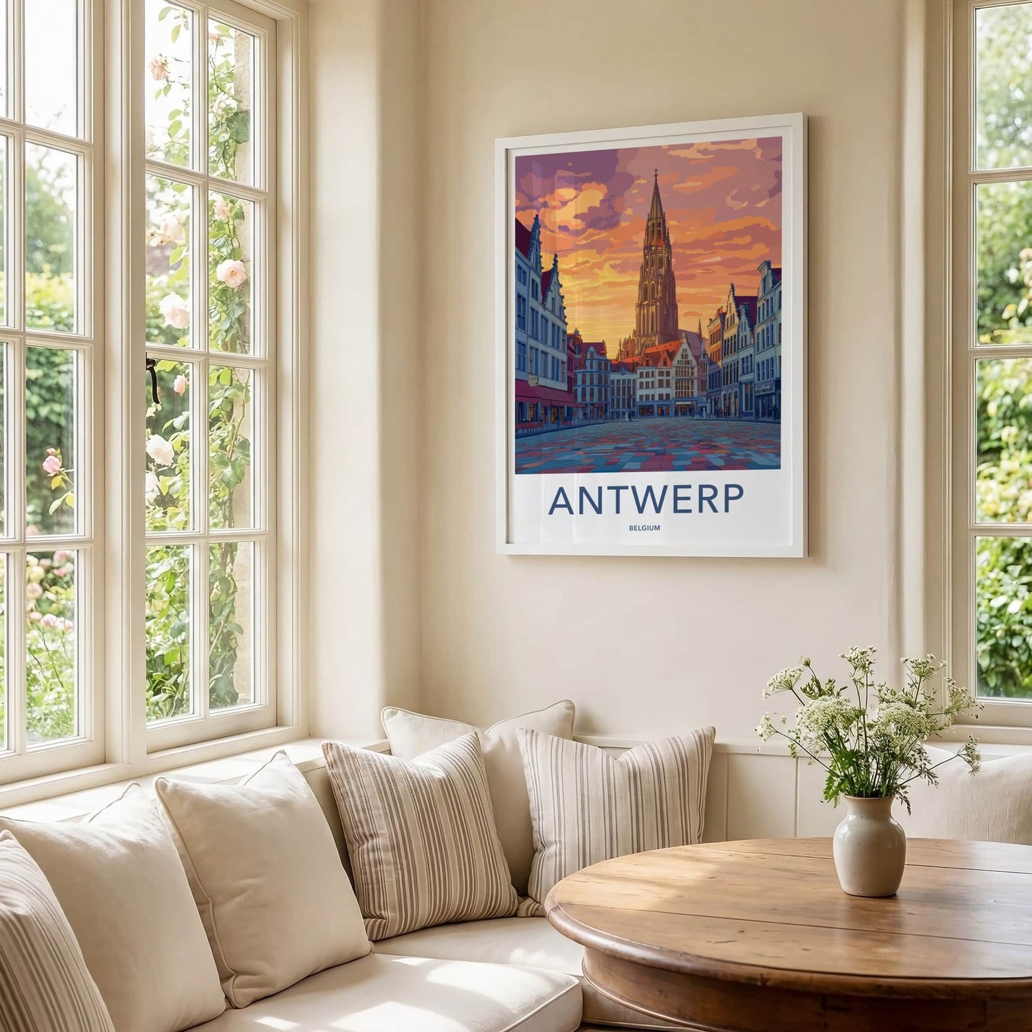 Antwerp Poster - Belgium Travel Art - Gothic Tower Sunset Home Decor