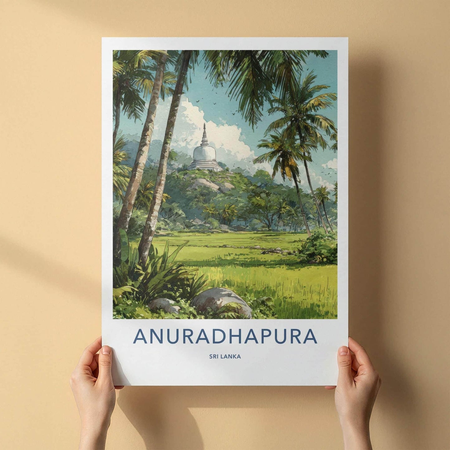 Anuradhapura Poster - Sri Lanka Travel Illustration - Ancient stupa palms Home Decor