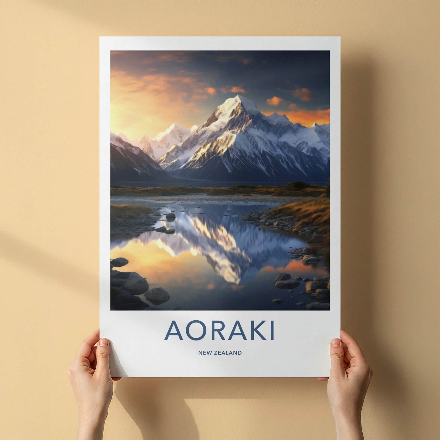 Aoraki Poster - New Zealand Travel Art - Golden Peak Reflection Home Decor